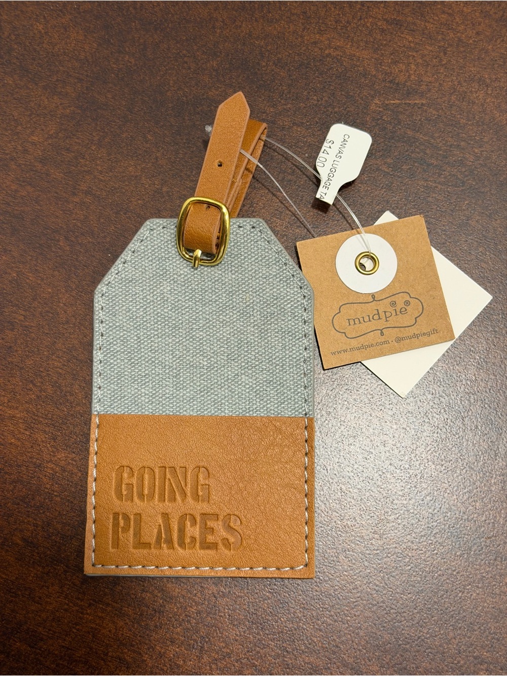 Mudpie 'Going Places' Leather & Canvas Luggage Tag - Tan & Gray NWT